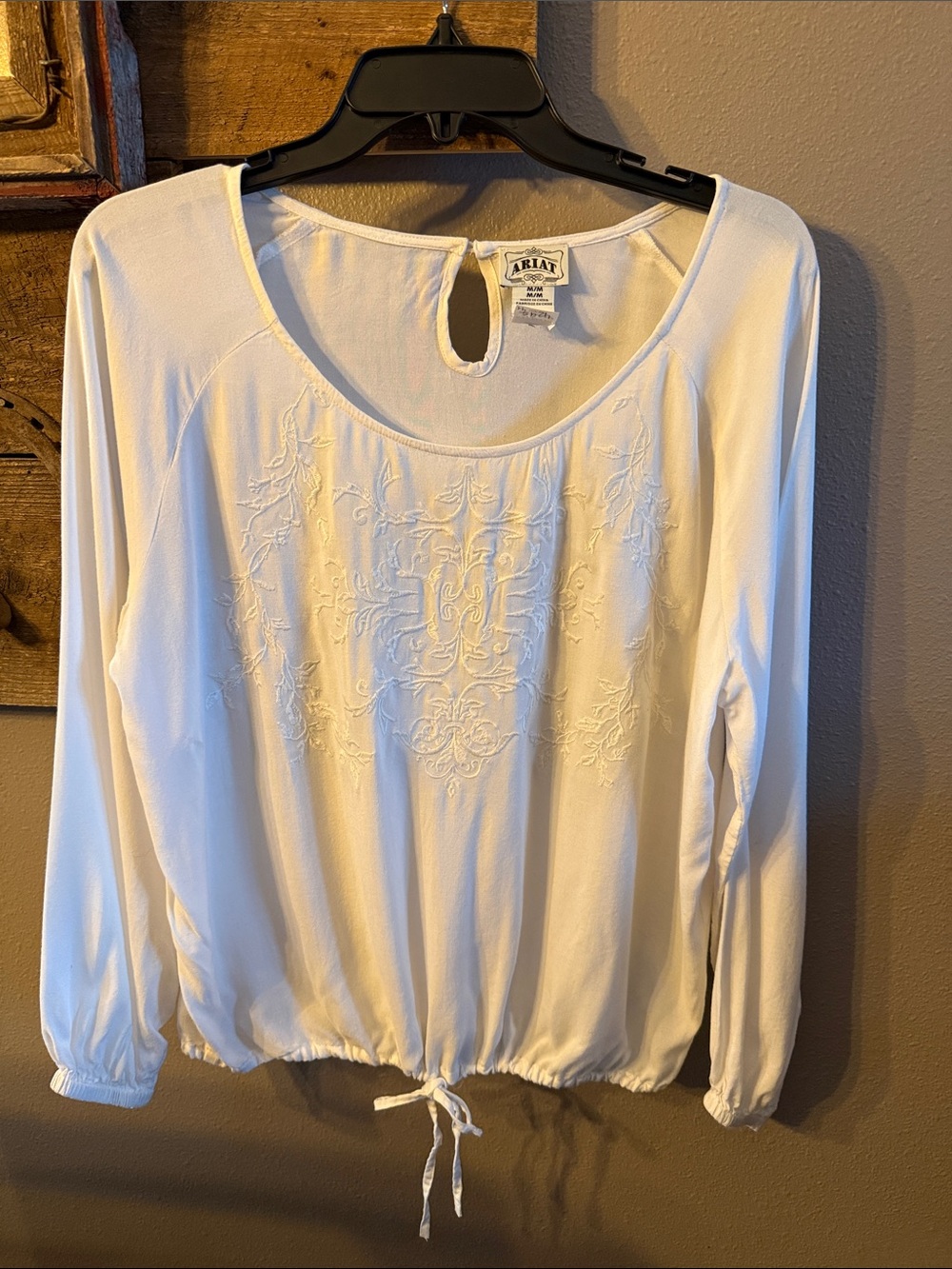Ariat White Long-Sleeve Embroidered Drawstring Top